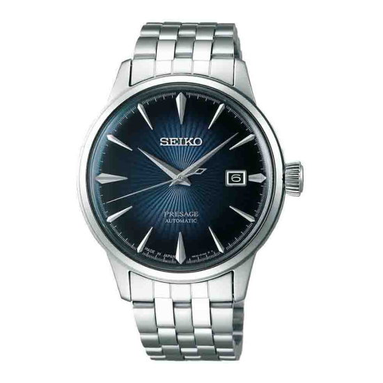 SEIKO "PRESAGE COCTAIL TIME" HPH ST-ST BLAUWE SUNBURST WPL ZIVERKLEURIGE INDEX - 1007230