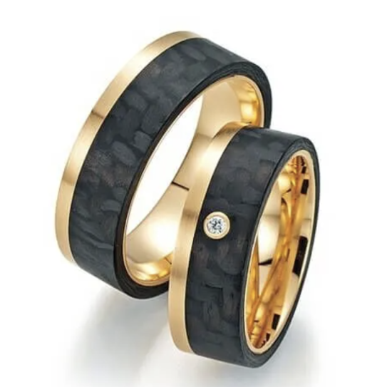 FISCHER DAMES TROUWRING "STATEMENT" ZWART CARBON MET 14k "ABRIKOOS" GOUD EN DIAM .02ct G-SI - 11898