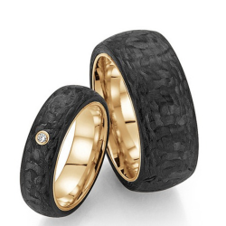 FISCHER DAMES TROUWRING "BLACK COUTURE" ZWART CARBON MET 14k "ABRIKOOS" GOUD EN DIAM .02ct G-SI - 11900