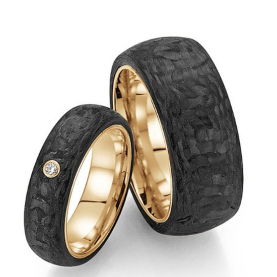 FISCHER DAMES TROUWRING "BLACK COUTURE" ZWART CARBON MET 14k "ABRIKOOS" GOUD EN DIAM .02ct G-SI - 11900