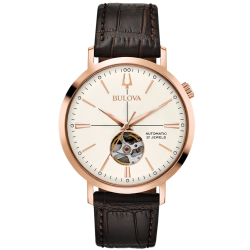 BULOVA "AEROJET" ROSÉ-DOUBLÉ HERENHORLOGE MET LEREN BAND EN "OPEN HEART" WPL.97A136 BUL - 1005108