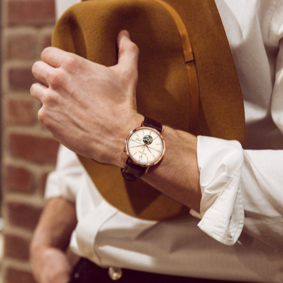 BULOVA "AEROJET" ROSÉ-DOUBLÉ HERENHORLOGE MET LEREN BAND EN "OPEN HEART" WPL.97A136 BUL - 1005108