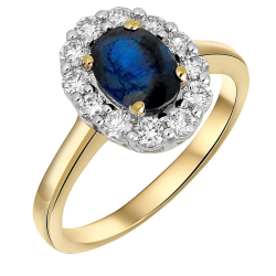 14k GG ROZETRING OVALE SAFFIER 1.40ct MET DIAM .50ct H-SI - 1005745
