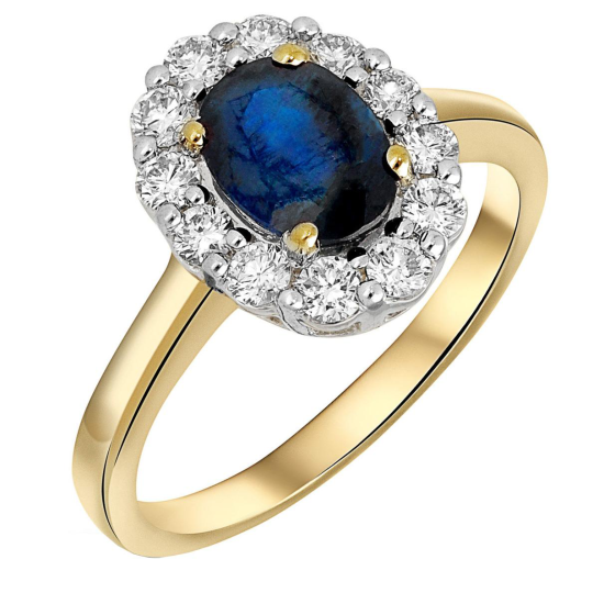 14k GG ROZETRING OVALE SAFFIER 1.40ct MET DIAM .50ct H-SI - 1005745