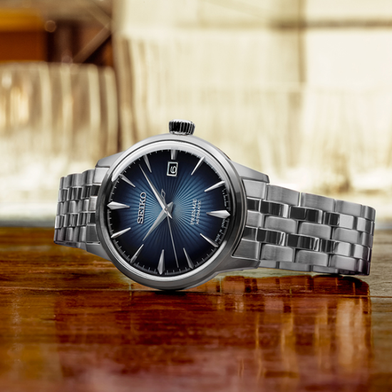 SEIKO "PRESAGE COCTAIL TIME" HPH ST-ST BLAUWE SUNBURST WPL ZIVERKLEURIGE INDEX - 1007230
