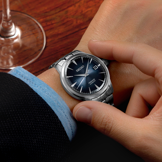 SEIKO "PRESAGE COCTAIL TIME" HPH ST-ST BLAUWE SUNBURST WPL ZIVERKLEURIGE INDEX - 1007230