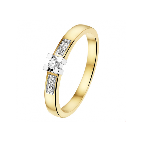 14k BICOLOR SOLITAIRRING 4p KLAUW+SCHOUDERS .08ct H-Si - 1007243