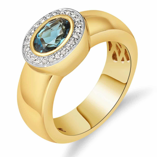 14k BICOLOR ROZETRING LONDON BLUE TOPAAS 0,90ct DIAMANT 0,09ct H-SI - 10067755