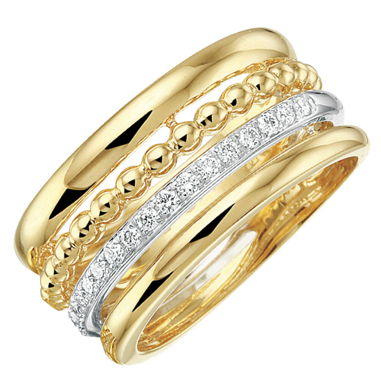 14k BICOLOR BREDE MULTI RING GLAD-PARELBOL-RIJRING 19 DIAM .17ct H-SI-GLAD - 10068908