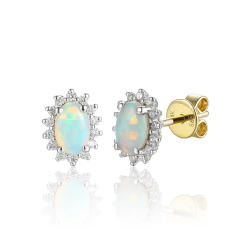14K GG OORSTEKERS MET OVALE WITTE OPAAL 0,55ct EN DIAM.15ct H-SI - 10068931
