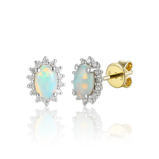 14K GG OORSTEKERS MET OVALE WITTE OPAAL 0,55ct EN DIAM.15ct H-SI - 10068931
