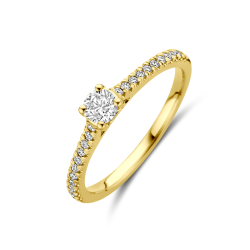 14k GG BRILJANT GESLEPEN DIAMANT SOLITAIRRING MET BEZETTE SCHOUDERS  0.39ct h si - 10068969