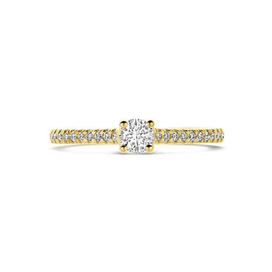 14k GG BRILJANT GESLEPEN DIAMANT SOLITAIRRING MET BEZETTE SCHOUDERS  0.39ct h si - 10068969