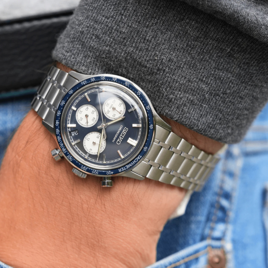 SEIKO STALEN HERENHORLOGE ZWARTE "PANDA" WIJZERPLAAT MET CHRONOGRAAF EN DATUM SSB477P1 - 10069160