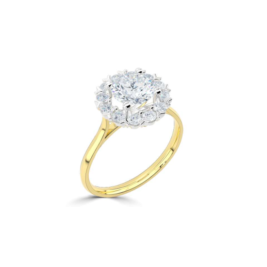 14k BICOLOR HALO-ROZETRING MET 0,50ct D-VVS2 CENTER OMRINGT DOOR 12 KLEINERE DIAMANTEN .25ct - 10069170