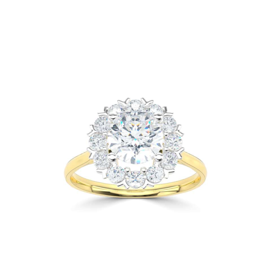 14k BICOLOR HALO-ROZETRING MET 0,50ct D-VVS2 CENTER OMRINGT DOOR 12 KLEINERE DIAMANTEN .25ct - 10069170
