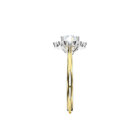 14k BICOLOR HALO-ROZETRING MET 0,50ct D-VVS2 CENTER OMRINGT DOOR 12 KLEINERE DIAMANTEN .25ct - 10069170