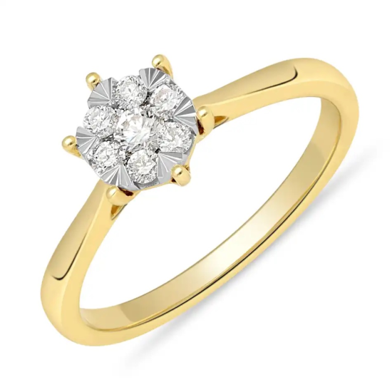 14k GG ROZET-CLUSTER RING ILLUSIE ZETTING MET 13 DIAMANTEN 0,25ct H-SI - 10069335