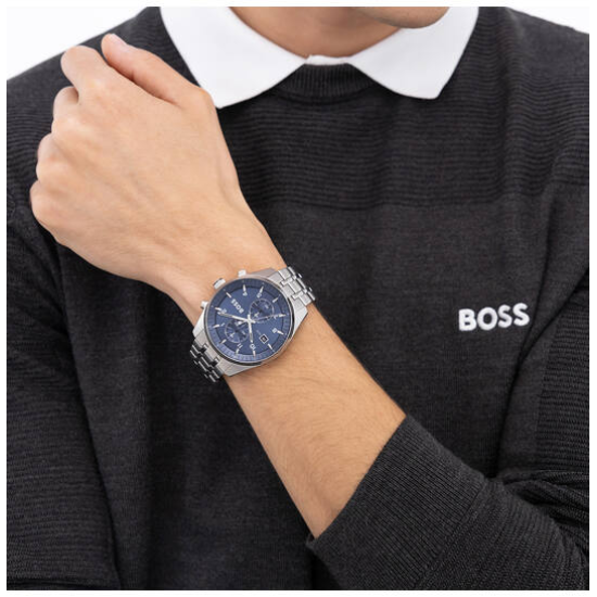 HUGO BOSS "SKYTRAVELLER" HERENHORLOGE STAAL CHRONO BLAUWE WIJZERPLAAT HB1514216 - 10069388