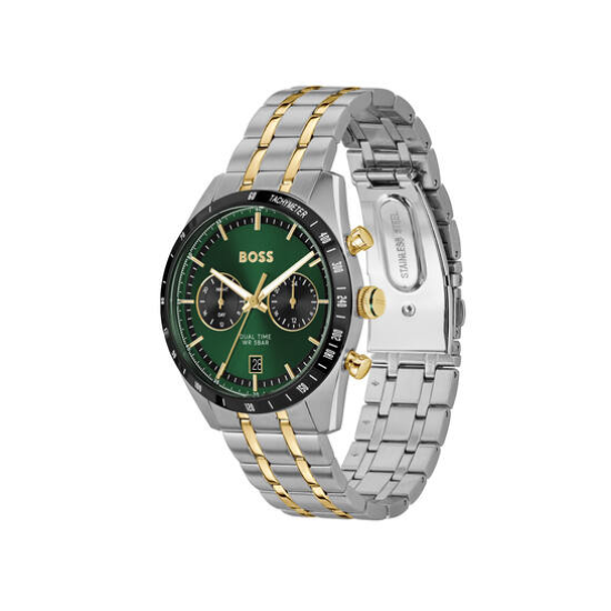 HUGO BOSS "TOURMASTER" HERENHORLOGE BICOLOR-STAAL CHRONO GROENE WIJZERPLAAT - 10069391
