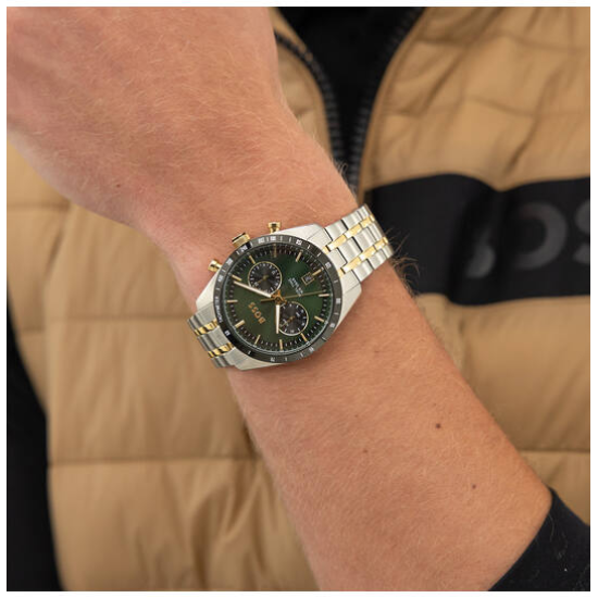 HUGO BOSS "TOURMASTER" HERENHORLOGE BICOLOR-STAAL CHRONO GROENE WIJZERPLAAT - 10069391
