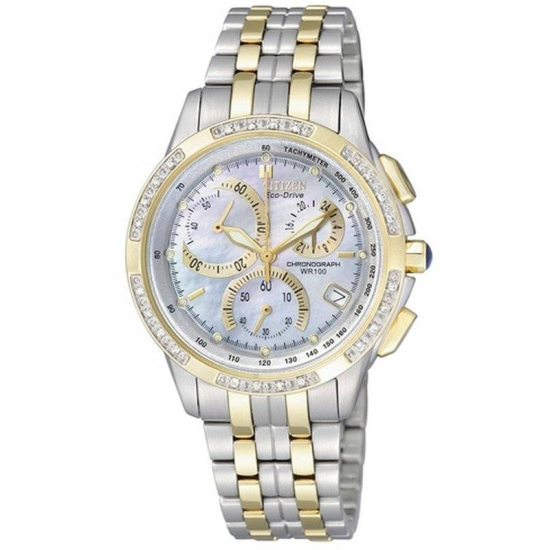 CITIZEN ECODRIVE BICOLOR STALEN DAMESHORLOGE WITTE WIJZERPLAAT DIAMANT LUNETTE FB1096-51D - 10069395