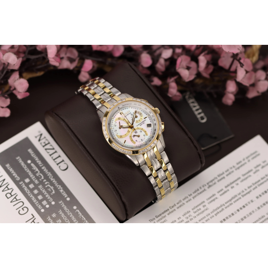 CITIZEN ECODRIVE BICOLOR STALEN DAMESHORLOGE WITTE WIJZERPLAAT DIAMANT LUNETTE FB1096-51D - 10069395