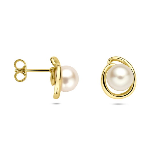 14k GG OORSTEKERS MET RONDE WITTE NATUURLIJKE ZOETWATERPARELS - 10069409