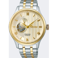 SEIKO "PRESAGE" BICOLOR STALEN HERENHORLOGE MET GOUDKLEURIGE OPEN HEART WIJZERPLAAT SSA464J1 - 10069429