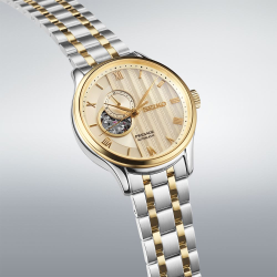 SEIKO "PRESAGE" BICOLOR STALEN HERENHORLOGE MET GOUDKLEURIGE OPEN HEART WIJZERPLAAT SSA464J1 - 10069429
