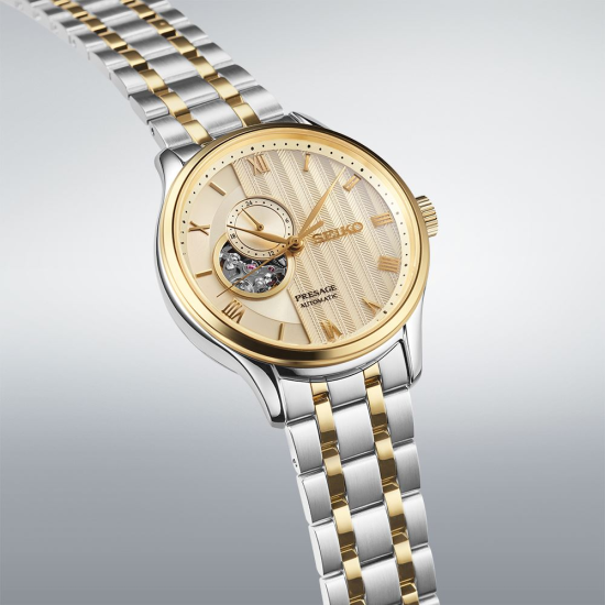 SEIKO "PRESAGE" BICOLOR STALEN HERENHORLOGE MET GOUDKLEURIGE OPEN HEART WIJZERPLAAT SSA464J1 - 10069429