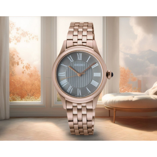 SEIKO DAMESHORLOGE ROSÉ-STAAL GRIJZE WIJZERPLAAT SUR614P1 - 10069475