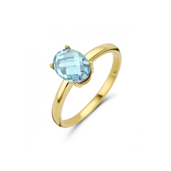 14k GG SOLITAIR MET SKY BLUE TOPAAS 8x6mm BRIOLET - 1007637