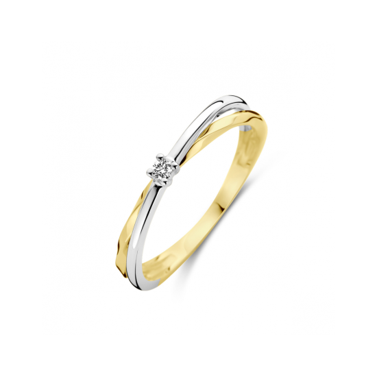 14k BICOL.SOL.RING CROSSOVER 3mm 4p KLAUW DIAM.03ct H-SI - 10067478